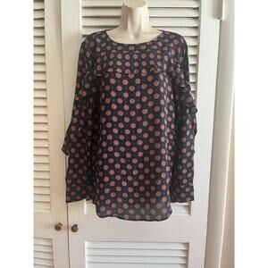 Vintage Banana Republic black printed ruffle bodice and‎ sleeve tunic M Loose